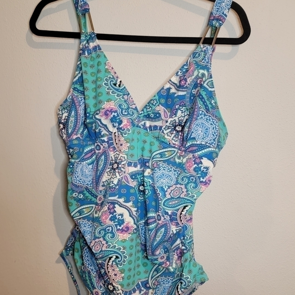 Assets by Spanx size XL turquoise‎ and blue paisley design one piece swimsuit. - Picture 3 of 9
